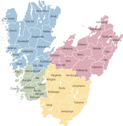 Karta över Västra Götaland med färgmarkeringar för de olika områdena för akuttandvård. Akuttandvård finns på fyra platser i Västra Götaland: Göteborg, Skövde, Borås och Uddevalla.