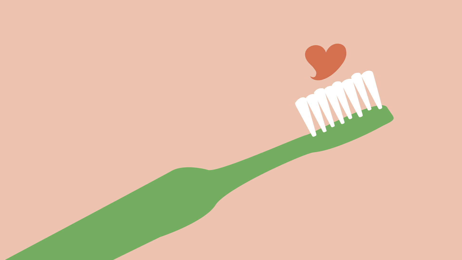 A green toothbrush with a heart, against a peach coloured background