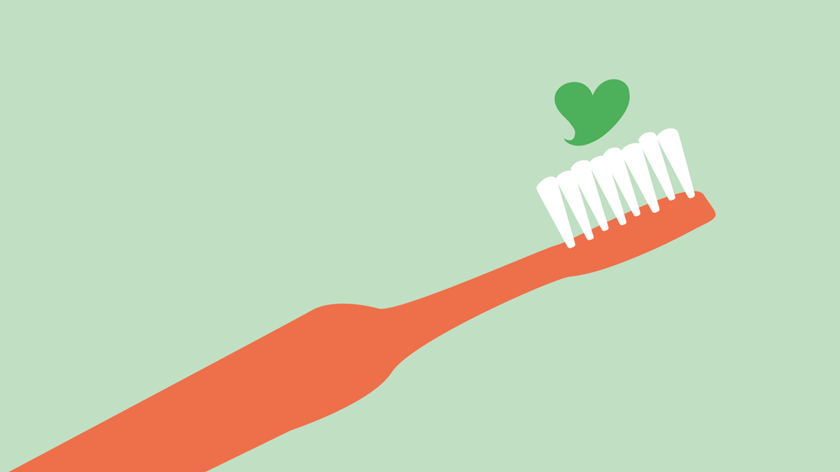 Illustration med en orange tandborste och grönt hjärta som symboliserar Frisktandvård hos Folktandvården.